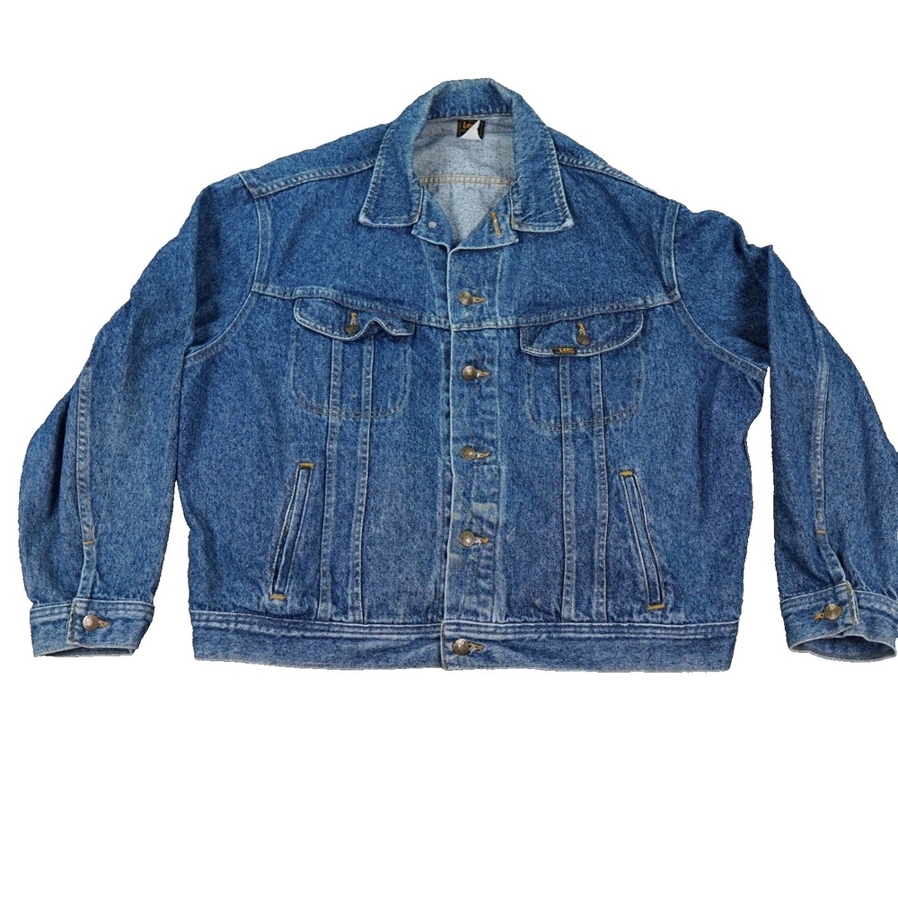 Vintage Lee Denim Jacket Mens XL Blue Trucker Made USA Workwear Paint Distressed